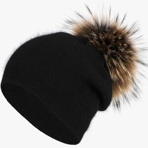 Women's Real Fur Pom Pom Cashmere Wool Blend Slouchy Kit Beanie - Black